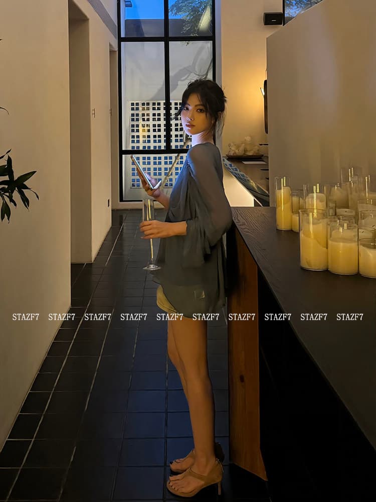 특히 아름다움 어린이 stazf7 프랑스식 레트로 V넥 파란색 주름 여성 셔츠 여름 부드러운 바람 슬림해 보이는 루즈핏 맨위 상세 이미지 5