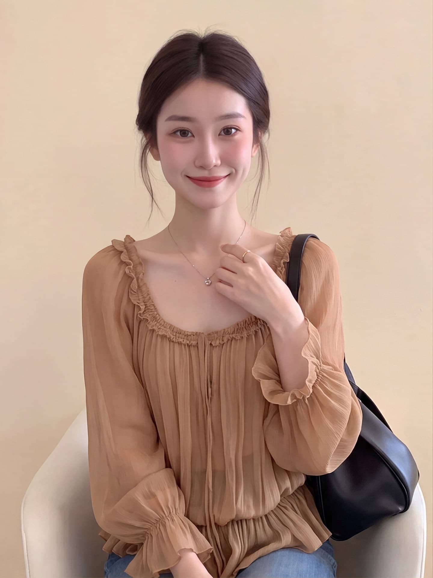 프랑스식 브라운 프릴 광장 칼라 긴팔 셔츠 여성 2026 이른 가을 새로운 느긋한 느슨함 센스 자외선 차단 맨위 이미지 2