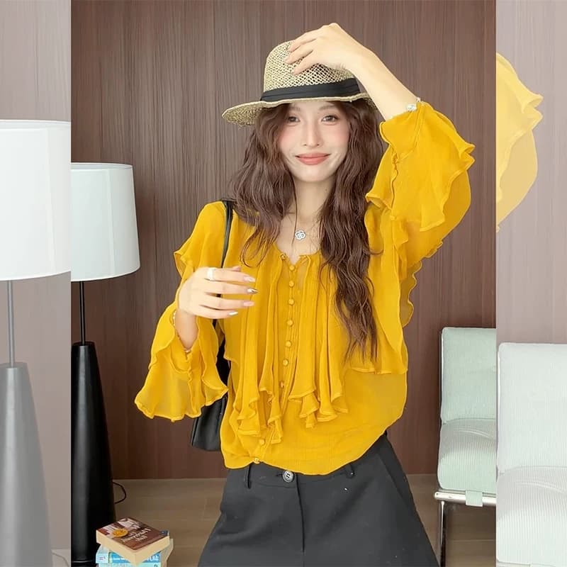 프랑스식 심황 색상 프릴 쉬폰 여성 셔츠 이른 가을 고유 한 아름다운 나팔 소매 허리 수축 쇼트 스타일 요정 가스 의류 상세 이미지 1