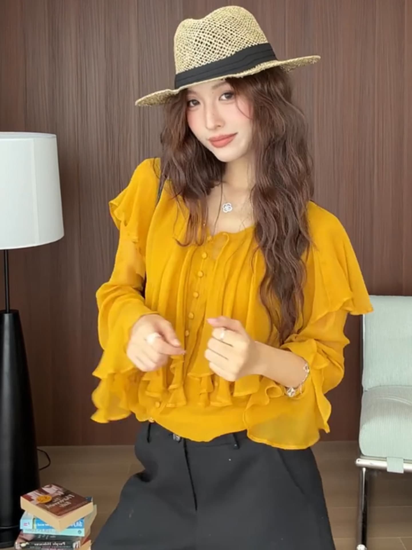 프랑스식 심황 색상 프릴 쉬폰 여성 셔츠 이른 가을 고유 한 아름다운 나팔 소매 허리 수축 쇼트 스타일 요정 가스 의류 상세 이미지 4