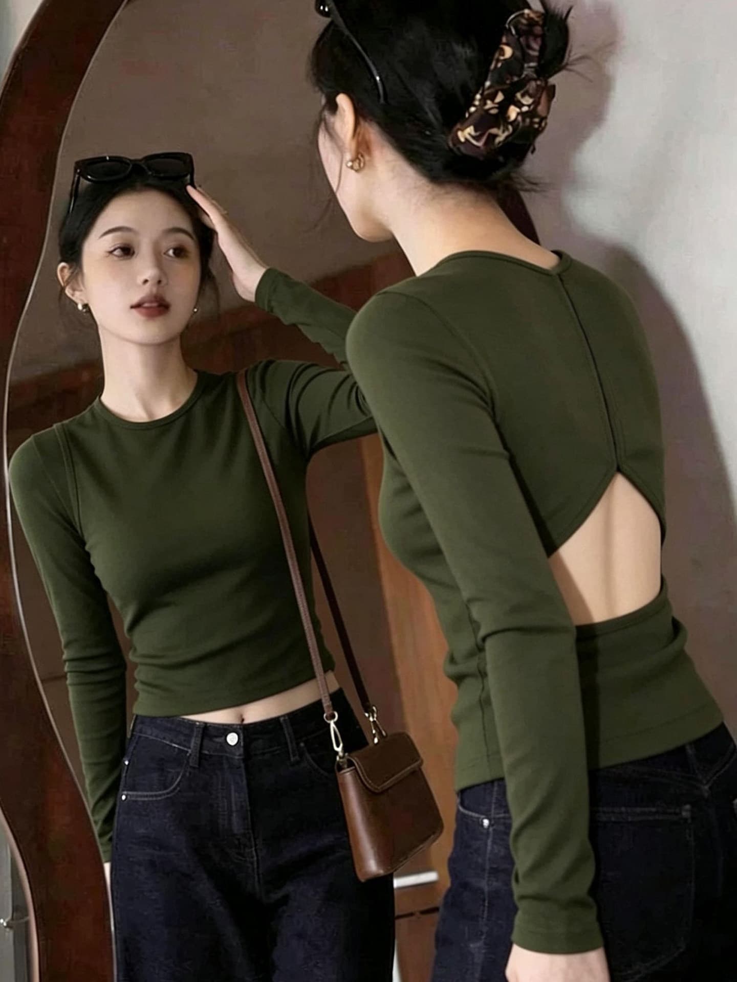 핫걸 섹시함 뒤로 홀로우 아웃 녹색 긴팔 티셔츠 올해 폭발 여성 의류 기본 셔츠 몸매 가꾸기 쇼트 스타일 맨위 가을 상세 이미지 5