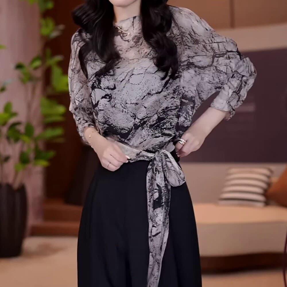 수묵화 헤일로 염색 프린트 레이스업 긴팔 여성 셔츠 이른 가을 새로운 품격 연령 감소 고급 다용도 슬림해 보이는 맨위 상세 이미지 7