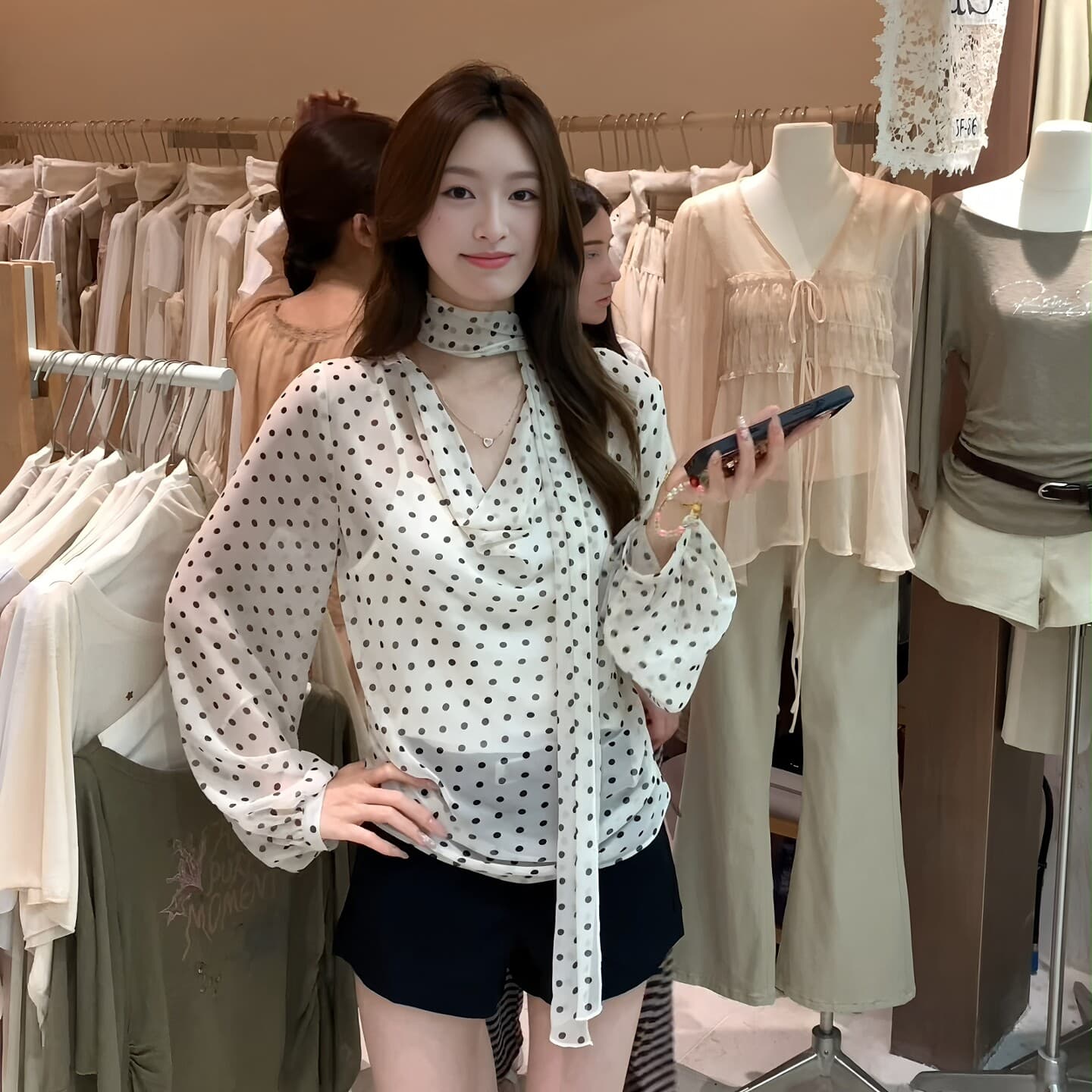 프랑스식 고급 센스 도트 무늬 흔들다 칼라 리본 긴팔 여성 셔츠 조기 가을 품격 느긋한 바람 루즈핏 슬림해 보이는 작은 셔츠 이미지 2