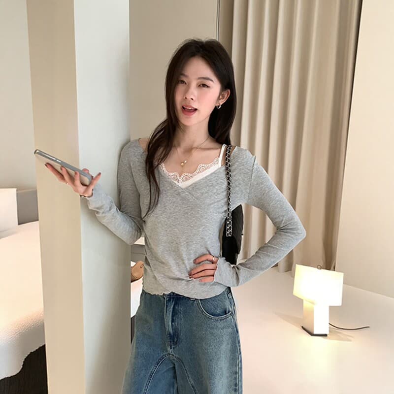 회색 품격 로얄 자매 V넥 레이스 긴팔 티셔츠 2026 가을 새로운 페이크 레이어드 미니멀리즘 다용도 맨위 여성 의류 상세 이미지 4