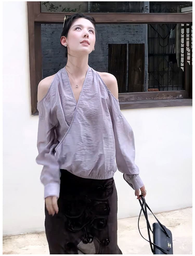 부드러운 느긋한 바람 V넥 오프숄더 레이스 업 셔츠 여성 긴 소매 루즈핏 슬림해 보이는 품격 미니멀리즘 다용도 출퇴근 맨위 상세 이미지 2