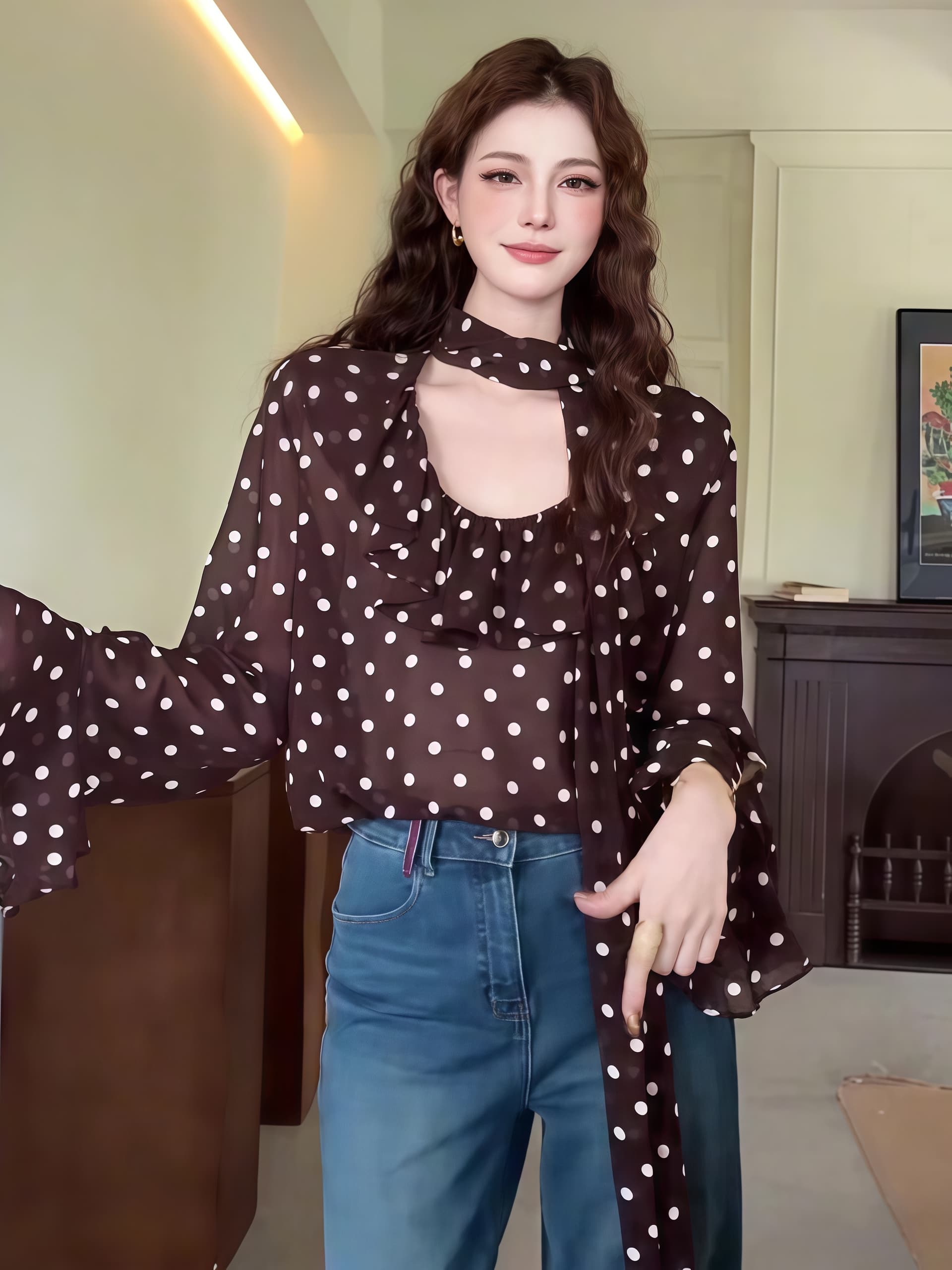프릴 리본 칼라 마이크로 ~을 통해 긴팔 도트 무늬 여성 셔츠 2026 여름 새로운 프랑스식 빛 요리 한 바람 품격 켜기 상세 이미지 6