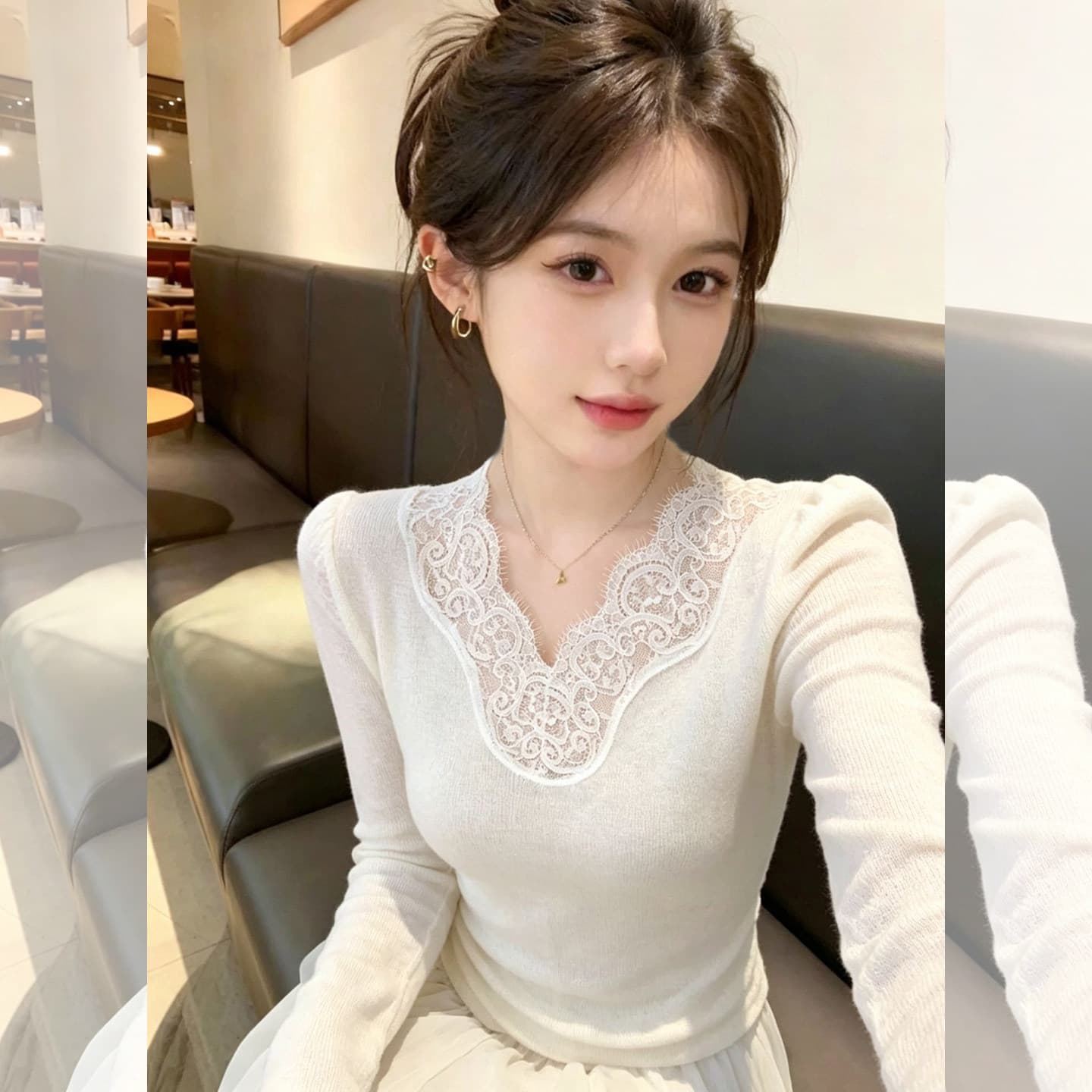 한 부서 아름다운 레이스 레이스 V넥 긴팔 티셔츠 여성 의류 2026 가을 몸매 가꾸기 인사이드 가져 가라. 외출용 니트 기본 셔츠 상세 이미지 2