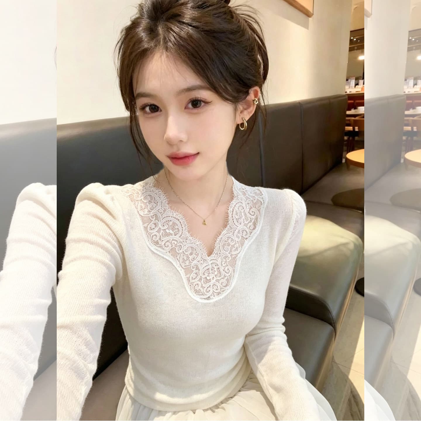 한 부서 아름다운 레이스 레이스 V넥 긴팔 티셔츠 여성 의류 2026 가을 몸매 가꾸기 인사이드 가져 가라. 외출용 니트 기본 셔츠 상세 이미지 5