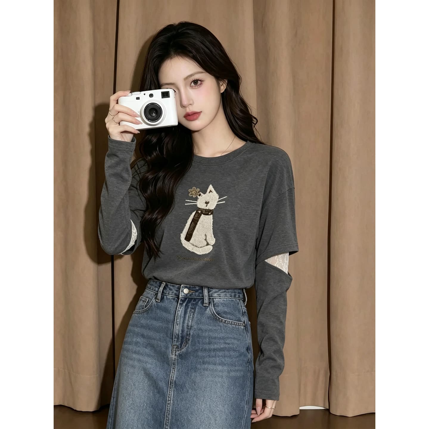 페이크 레이어드 레이스 조각 맨위 여성 가을 외국 가스 연령 감소 디자인 센스 루즈핏 회색 긴팔 티셔츠 기본 셔츠 상세 이미지 3