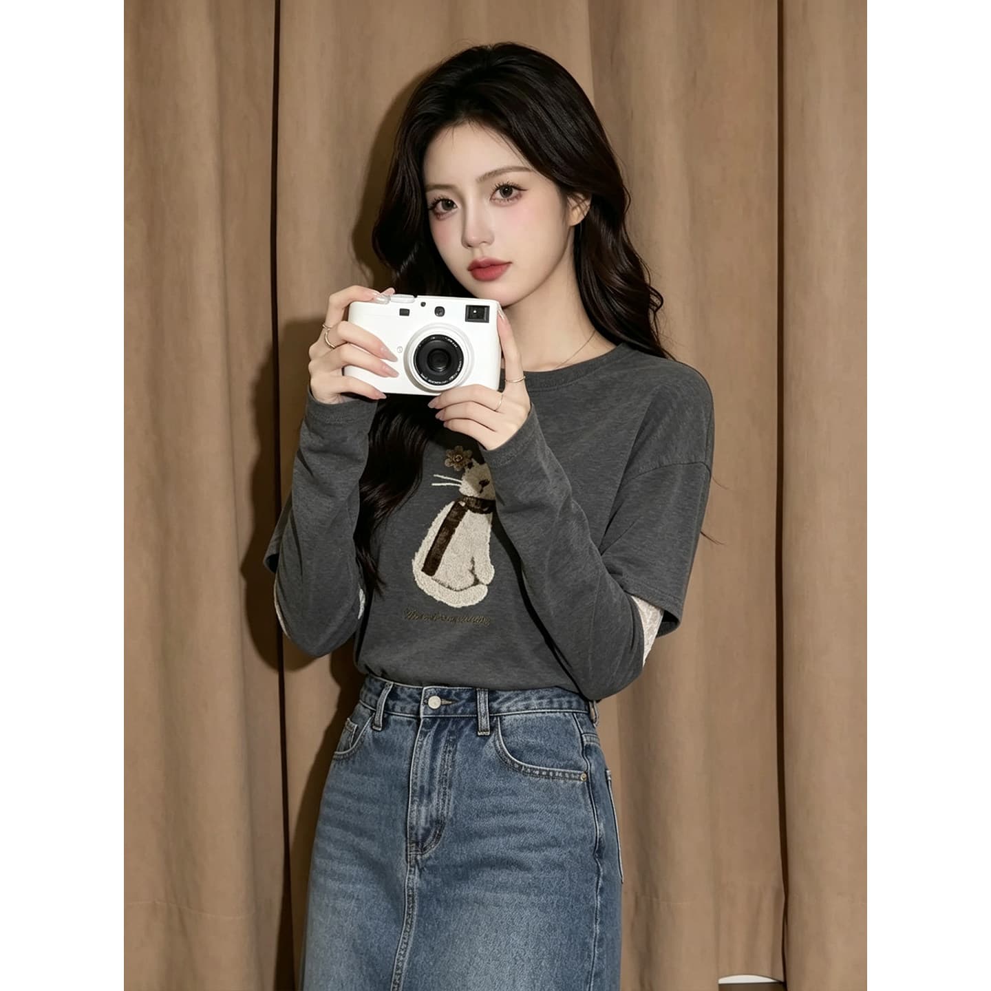 페이크 레이어드 레이스 조각 맨위 여성 가을 외국 가스 연령 감소 디자인 센스 루즈핏 회색 긴팔 티셔츠 기본 셔츠 상세 이미지 4