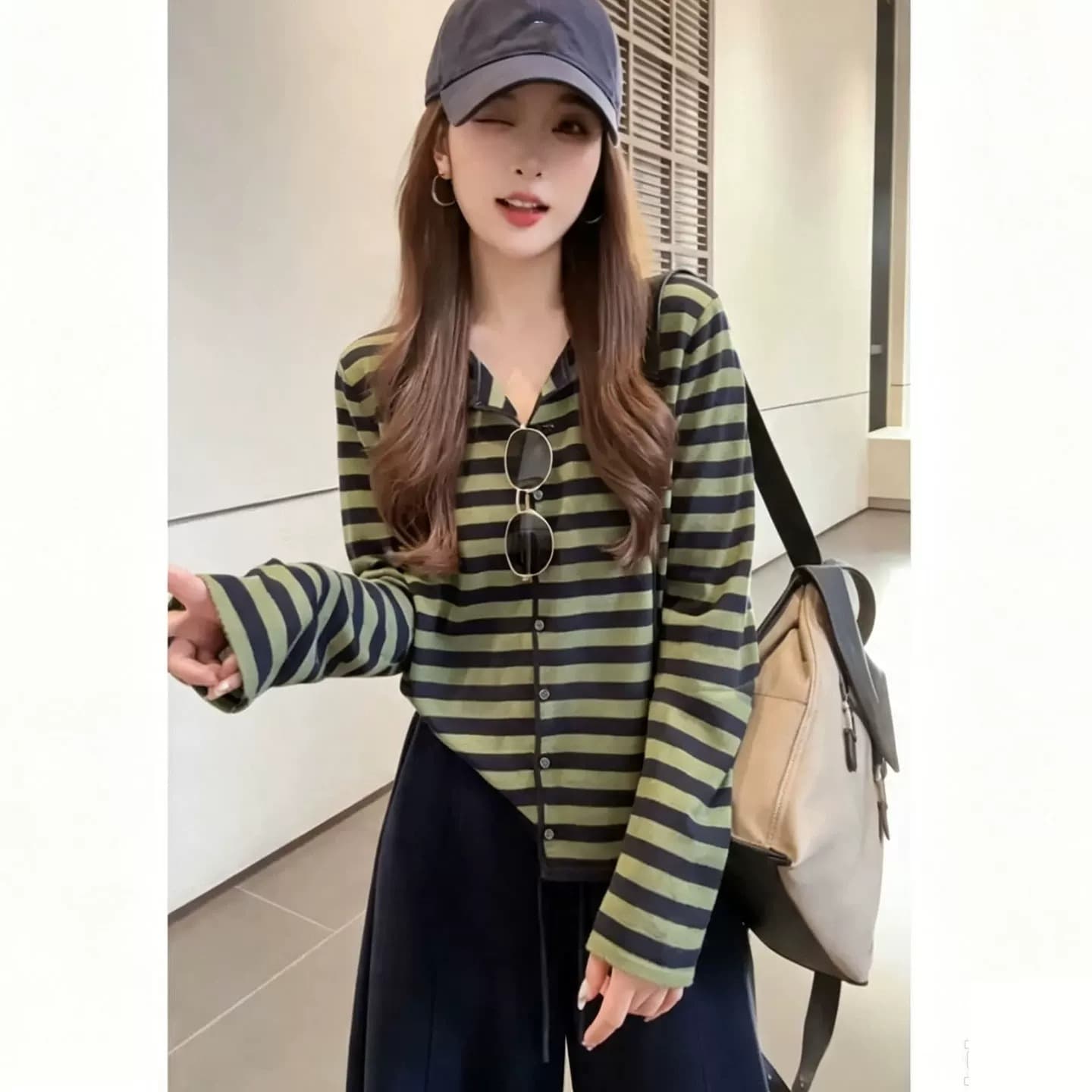 아메리칸 레트로 스트라이프 배색 니트 오픈 가디건 여성 초기 가을 연령 감소 다용도 슬림해 보이는 긴팔 스웨터 코트 맨위 이미지 5