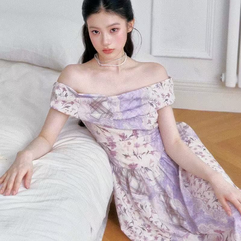 레트로 낭만주의 보라색 한 단어 체크무늬 꽃무늬 드레스 프랑스식 여름 품격 달콤함 슈퍼 요정 드레스 롱 코트 상세 이미지 2