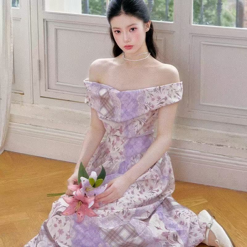 레트로 낭만주의 보라색 한 단어 체크무늬 꽃무늬 드레스 프랑스식 여름 품격 달콤함 슈퍼 요정 드레스 롱 코트 상세 이미지 3