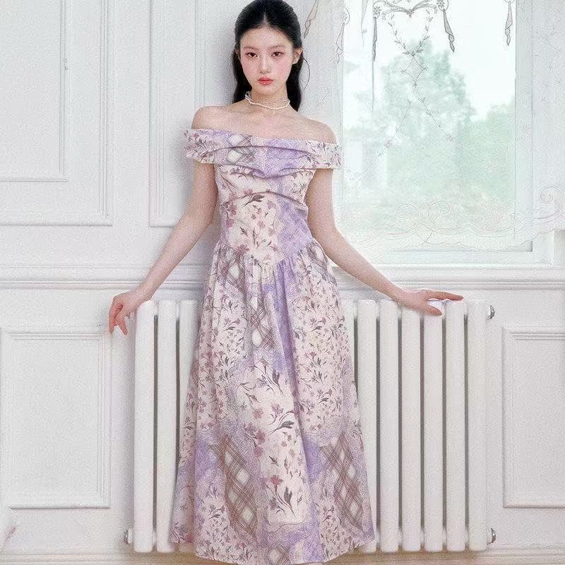 레트로 낭만주의 보라색 한 단어 체크무늬 꽃무늬 드레스 프랑스식 여름 품격 달콤함 슈퍼 요정 드레스 롱 코트 상세 이미지 4