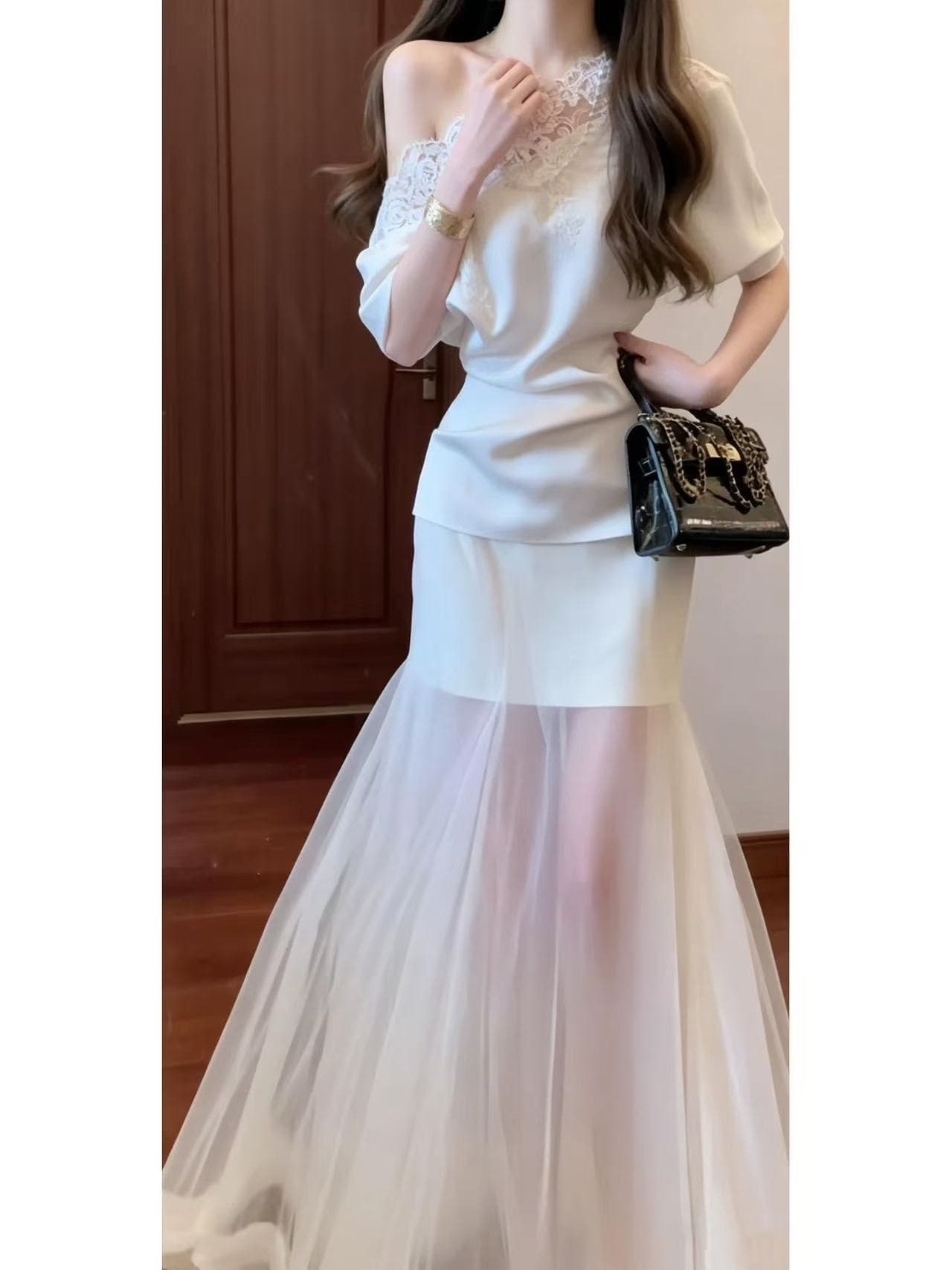 품격 전체 집합 ootd 착용 가져 가라. 고급 절묘한 레이스 조각 맨위 반신 스커트 고급 센스 투피스 세트 여름 상세 이미지 1