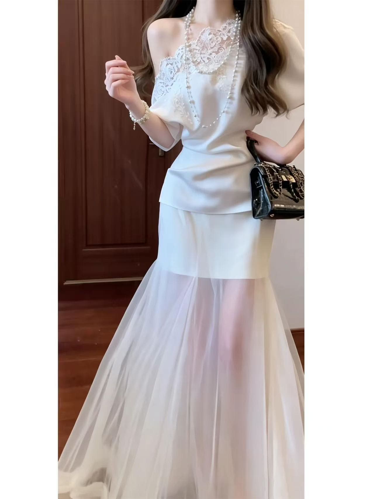 품격 전체 집합 ootd 착용 가져 가라. 고급 절묘한 레이스 조각 맨위 반신 스커트 고급 센스 투피스 세트 여름 상세 이미지 2