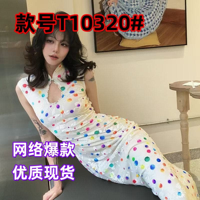 패션 외국 가스 도트 무늬 허리 수축 슬림해 보이는 드레스 여름 새로운 명문 여성 품격 치파오 롱 스커트 아이들