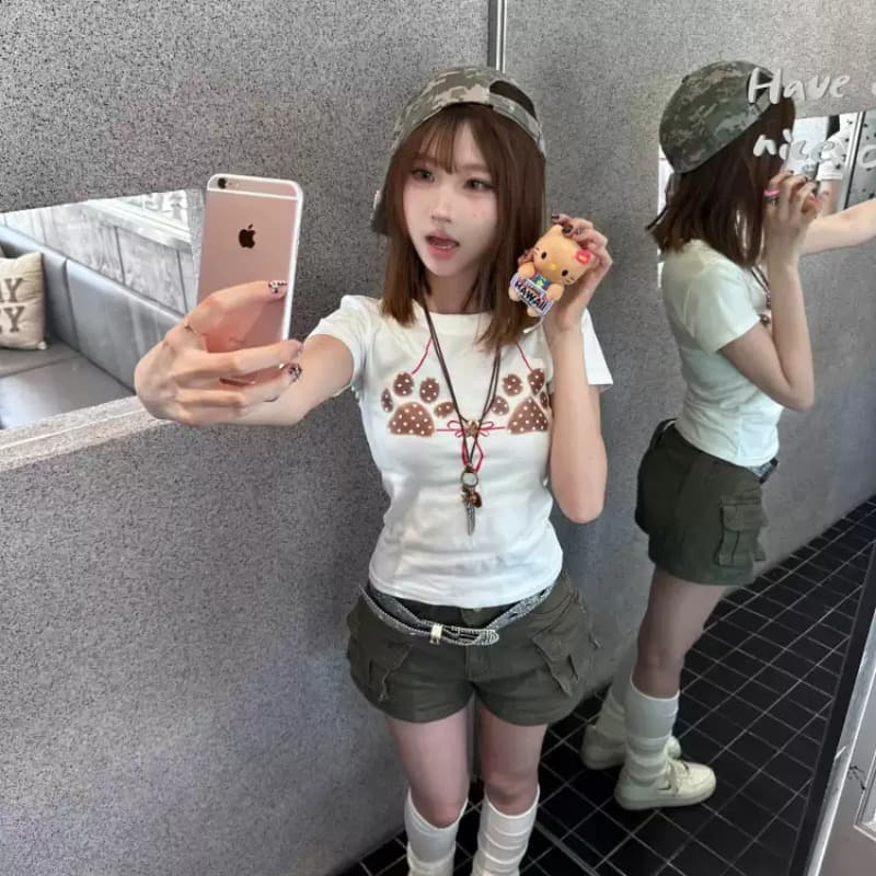 아메리칸 핫걸 화이트 긍정적 인 어깨 반팔 티셔츠 여성 여름 나비 매듭 개 클로 프린트 몸매 가꾸기 슬림해 보이는 쇼트 스타일 맨위 이미지 5