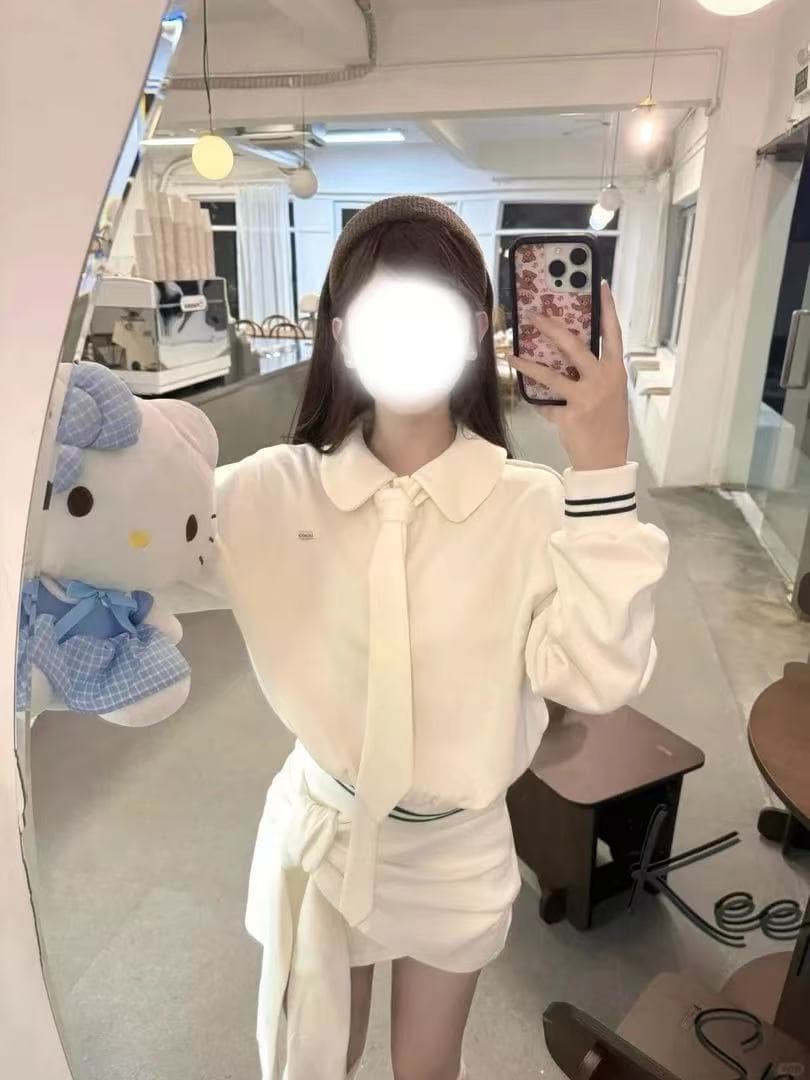 학원 스타일 순수한 욕망 장난기 넘치는 베이비 칼라 후드티 레이스업 탈착식 반신 스커트 여성 가을 세트 상세 이미지 4