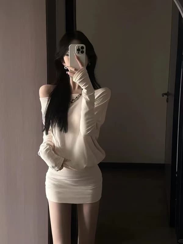 프랑스식 비스듬한 어깨 긴팔 여성 드레스 가을 느긋한 바람 순수한 욕망 작은 키 품격 루즈핏 슬림해 보이는 타이트 스커트 미니 스커트 상세 이미지 3