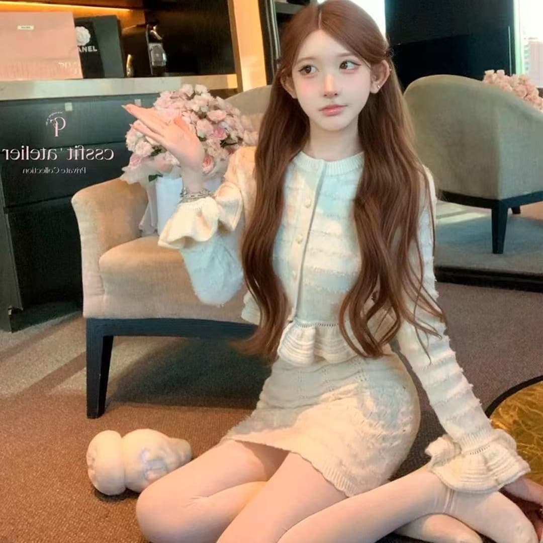 우유 인형극 고양이 프랑스식 무거운 작업 꽃 홀로우 아웃 프릴 니트 맨위 순수한 욕망 섹시함 타이트 스커트 미니 스커트 세트 이미지 5