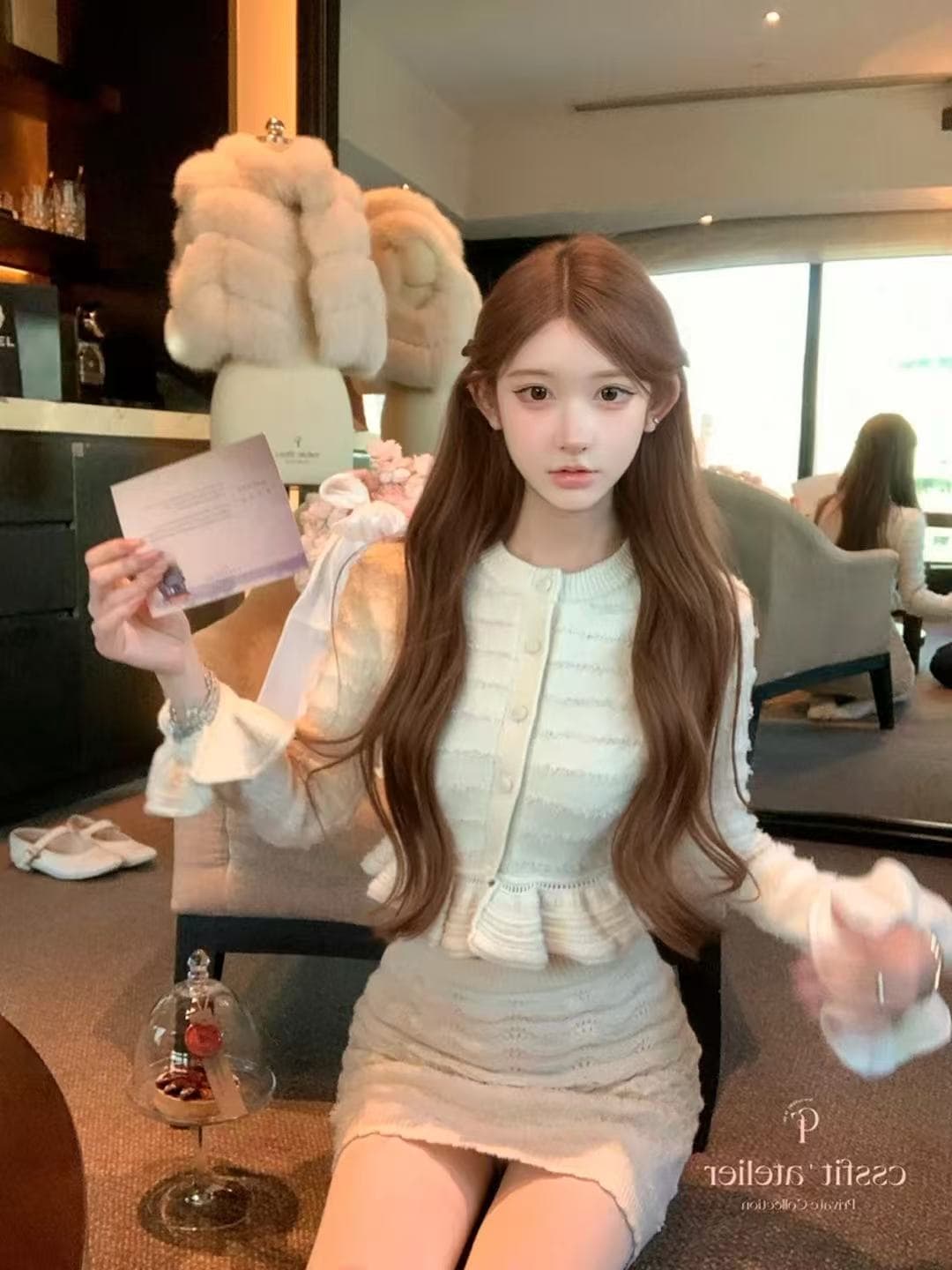 우유 인형극 고양이 프랑스식 무거운 작업 꽃 홀로우 아웃 프릴 니트 맨위 순수한 욕망 섹시함 타이트 스커트 미니 스커트 세트 상세 이미지 3
