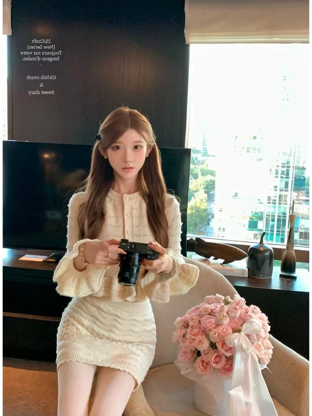 우유 인형극 고양이 프랑스식 무거운 작업 꽃 홀로우 아웃 프릴 니트 맨위 순수한 욕망 섹시함 타이트 스커트 미니 스커트 세트 상세 이미지 5