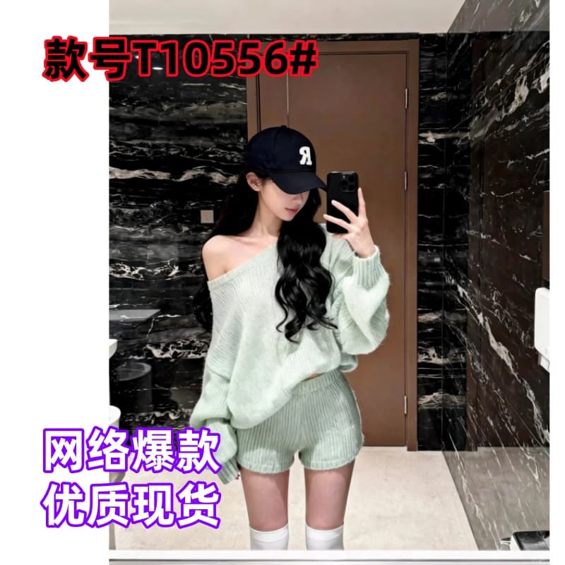 한 부서 비스듬한 어깨 느긋한 바람 느슨함 센스 품격 루즈핏 풀오버 하이웨이스트 스트레이트 반바지 두 조각 여성 세트 가을 겨울