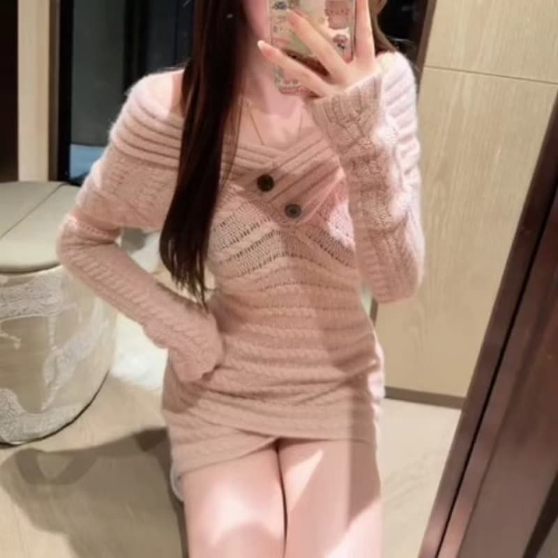 프랑스식 달콤한 스타일 오프숄더 니트 핑크색 여성 드레스 가을과 겨울 부드러운 바람 연령 감소 몸매 가꾸기 슬림해 보이는 미니 스커트 이미지 5