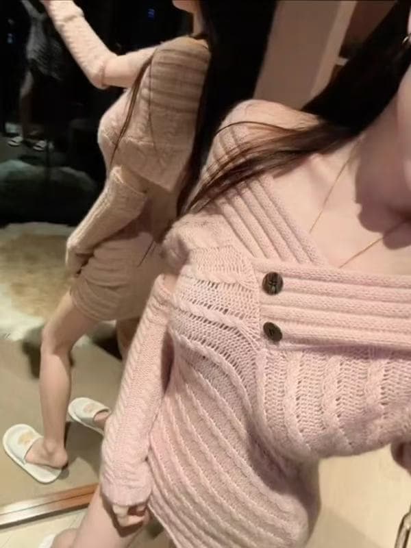 프랑스식 달콤한 스타일 오프숄더 니트 핑크색 여성 드레스 가을과 겨울 부드러운 바람 연령 감소 몸매 가꾸기 슬림해 보이는 미니 스커트 상세 이미지 2