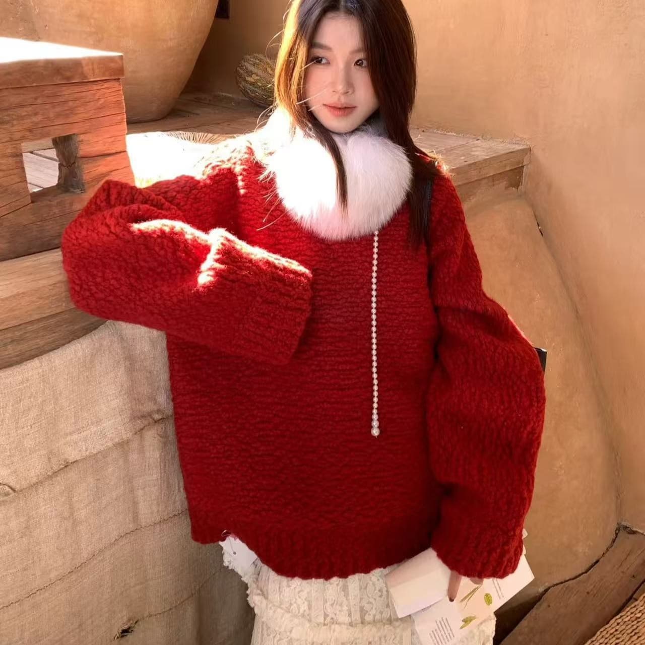 가을 겨울철 새로운 빨간색 느긋한 고급 센스 루즈핏 슬림해 보이는 부드러운 찹쌀 니트 스웨터 맨위 반신 치마 세트 이미지 5