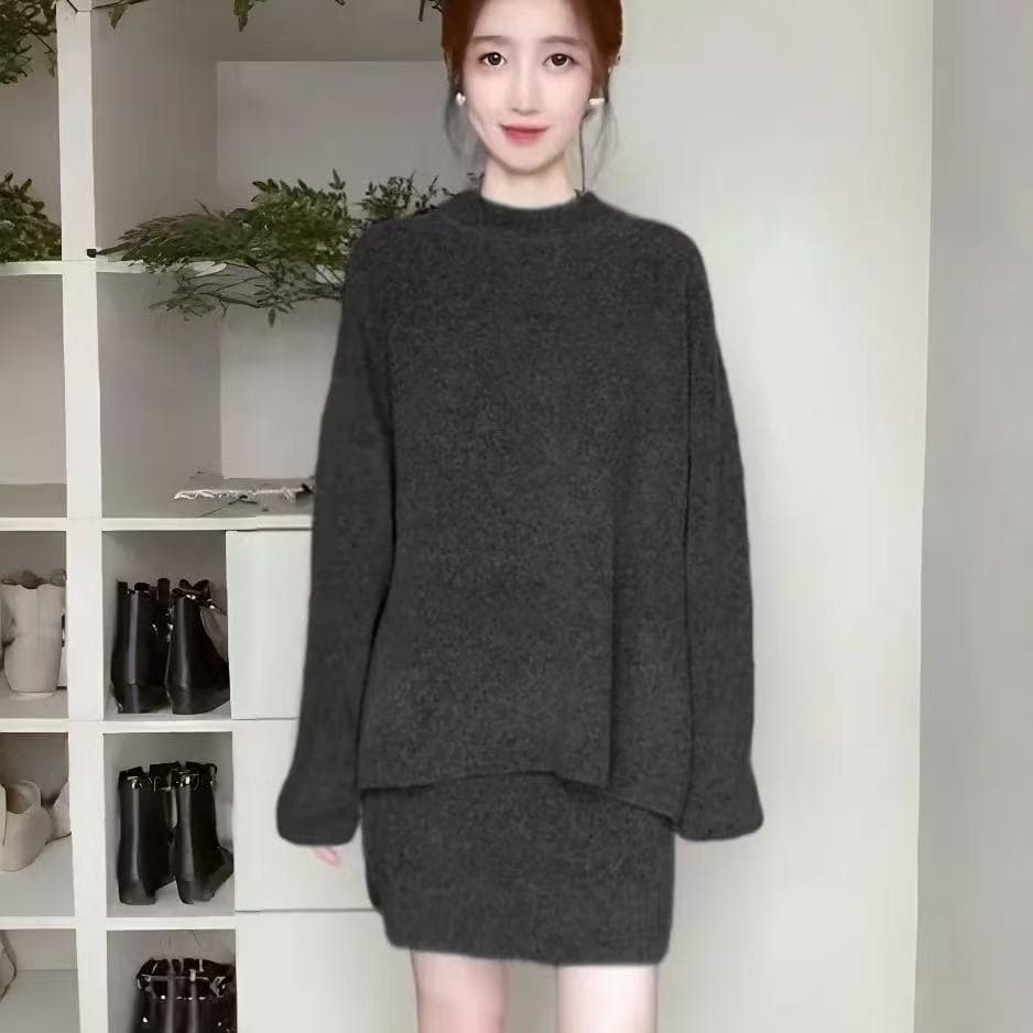 가을 겨울 새로운 라운드 넥 긴팔 풀오버 셔츠 허리밴드 미니 스커트 세트 디자인 고유 한 슈퍼 잘 생긴 겨울 의류 세트 여성 이미지 2