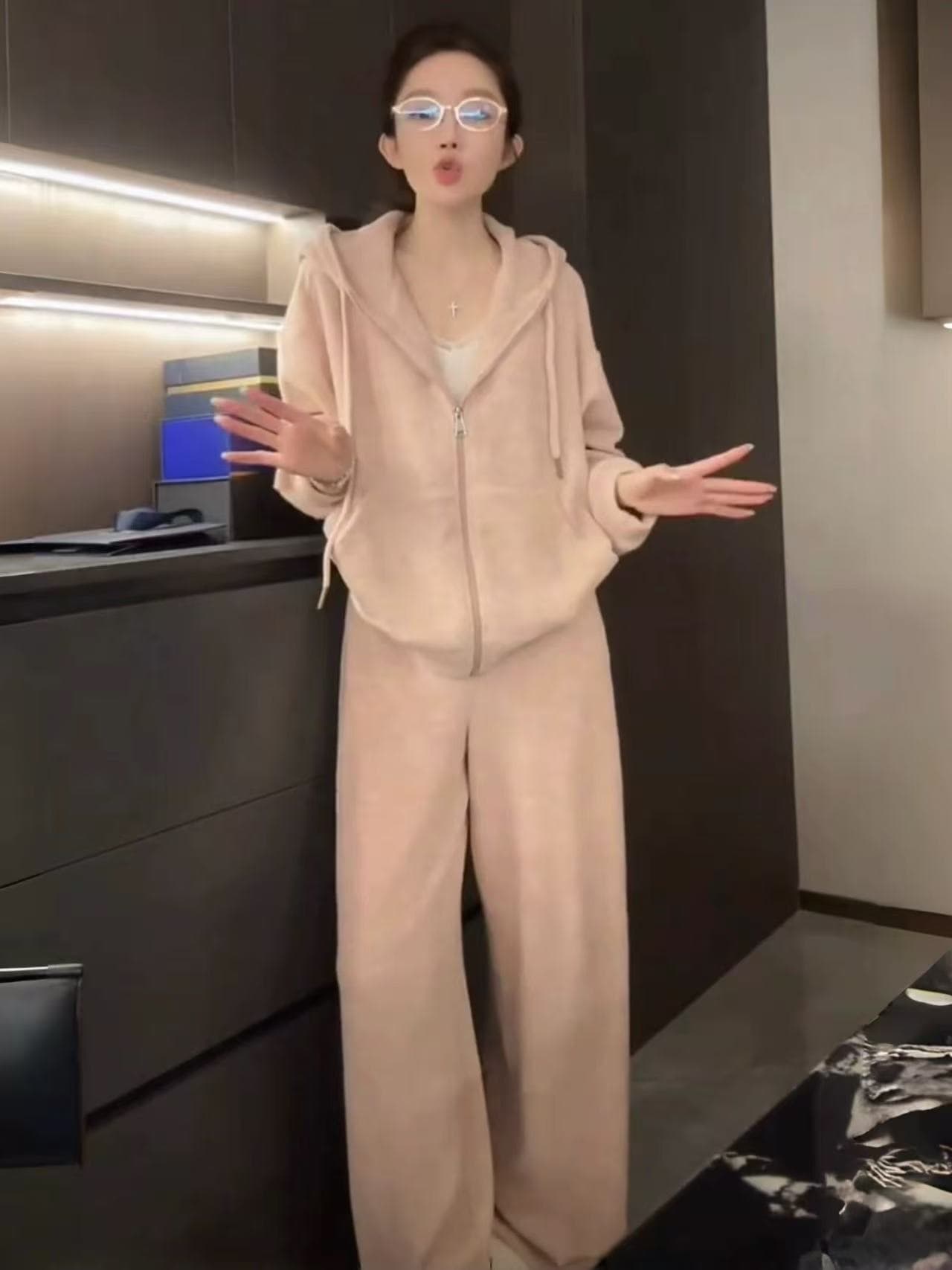 한 부서 캐주얼 느긋한 느슨함 센스 착용 가져 가라. 세트 여성 가을 겨울 운동 후드 지퍼 후드티 와이드 레그 팬츠 투피스 세트 이미지 3