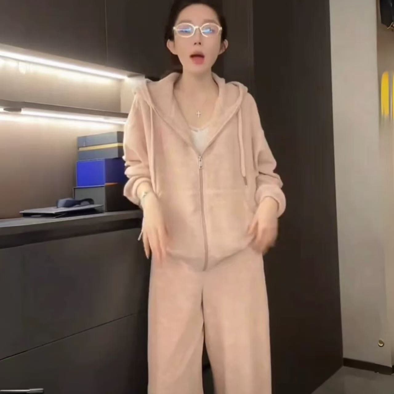 한 부서 캐주얼 느긋한 느슨함 센스 착용 가져 가라. 세트 여성 가을 겨울 운동 후드 지퍼 후드티 와이드 레그 팬츠 투피스 세트 이미지 5