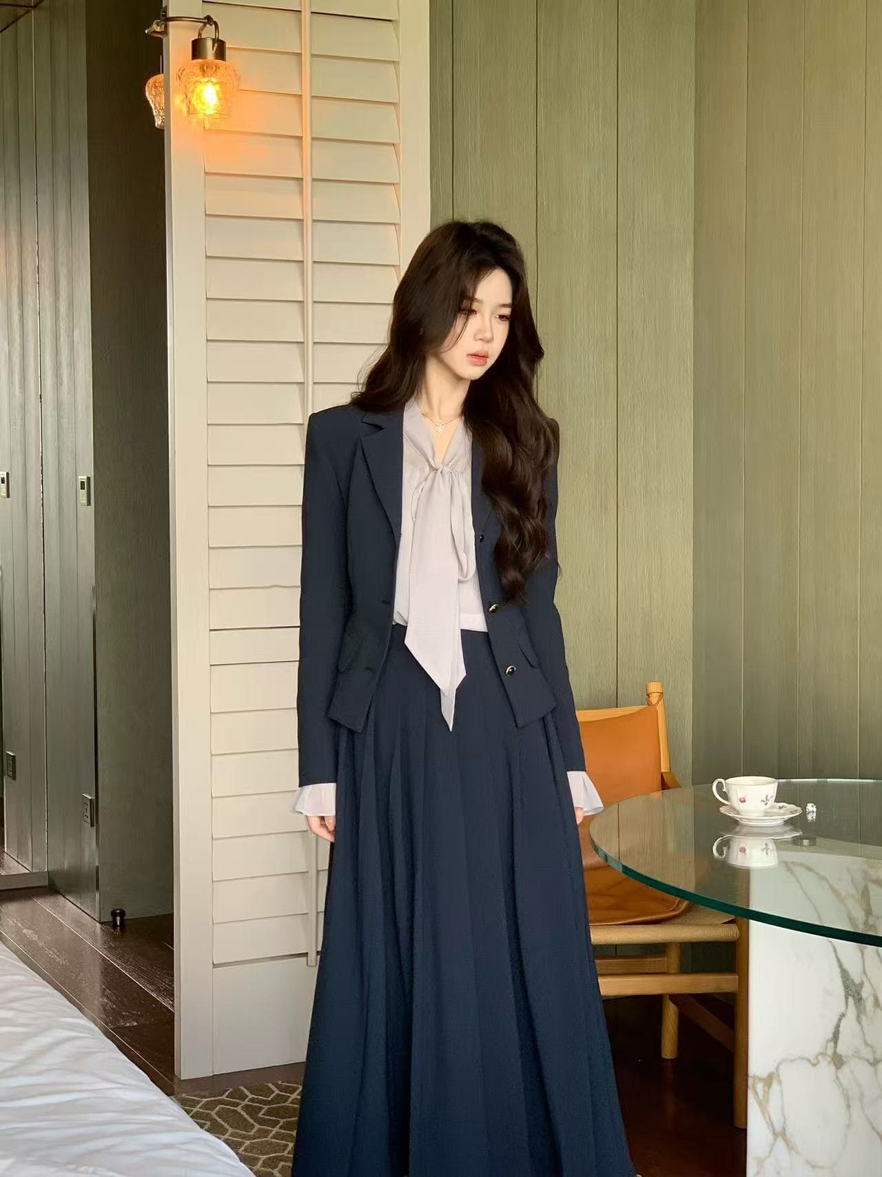 빛 요리 한 우아함 품격 리본 셔츠 블레이저 플리츠 스커트 여성 의류 2026 가을 겨울 새로운 천 골드 센스 세트 이미지 4