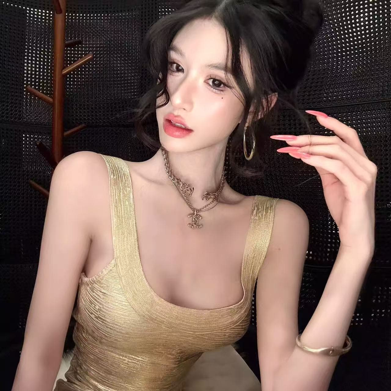 프랑스식 빛 럭셔리 핫걸 다림질 금박 붕대 슬립 여성 드레스 봄 디자인 센스 품격 몸매 가꾸기 백리스 타이트 스커트 미니 스커트 이미지 5