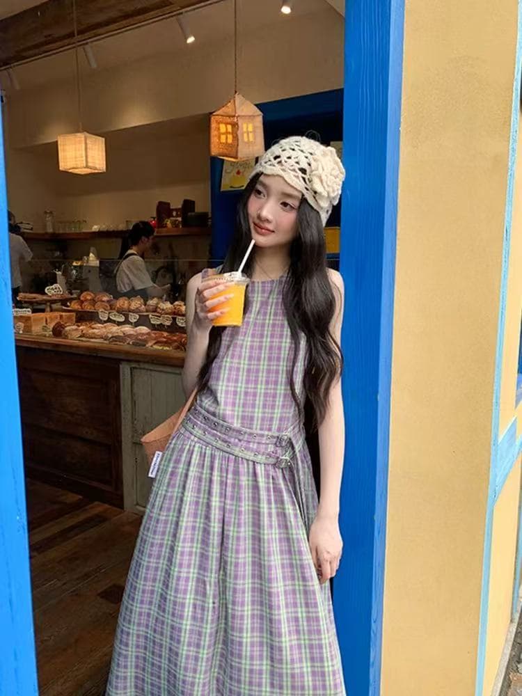 프랑스식 문예 체크무늬 민소매 레트로 드레스 조끼 여름 체크무늬 허리 수축 슬림해 보이는 연령 감소 품격 롱 스커트 여성 이미지 2