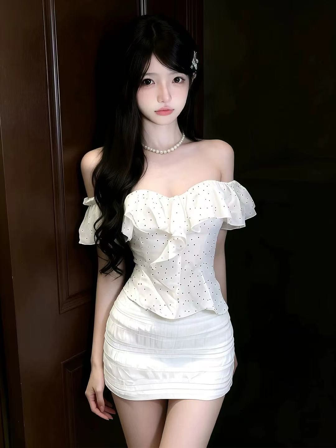 프랑스식 한 단어 연꽃 잎 순수한 욕망 바람 세트 도트 무늬 몸매 가꾸기 맨위 여름 새로운 슬림해 보이는 반신 스커트 두 조각 여성 세트 상세 이미지 3