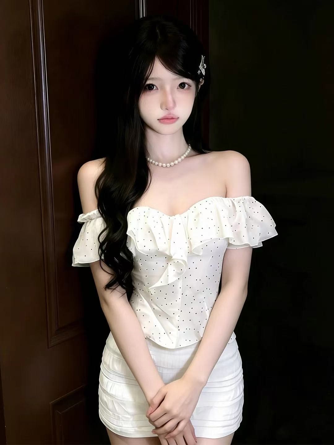 프랑스식 한 단어 연꽃 잎 순수한 욕망 바람 세트 도트 무늬 몸매 가꾸기 맨위 여름 새로운 슬림해 보이는 반신 스커트 두 조각 여성 세트 상세 이미지 4