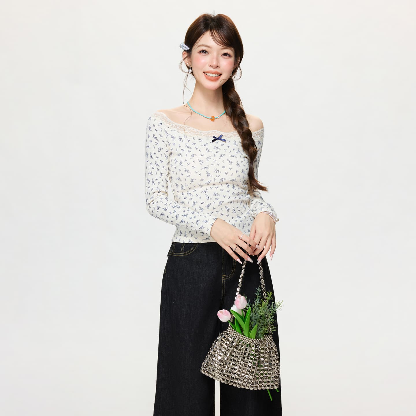 실사 정가 꽃무늬 레이스 측면 패치워크 오프숄더 긴팔 티셔츠 여성 봄 몸매 가꾸기 기본 셔츠 인사이드 잡아라. 의류 상세 이미지 9