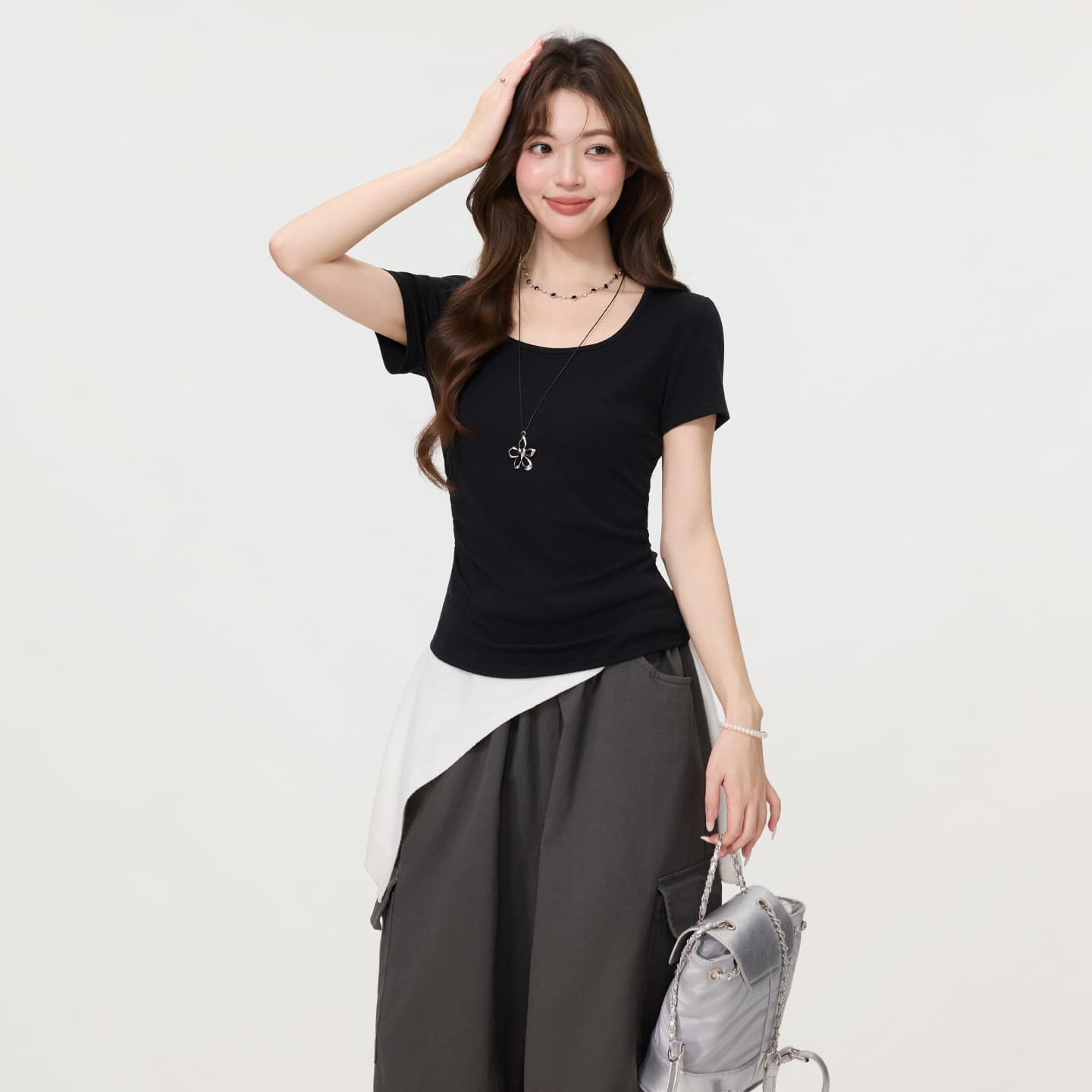 실사 정가 한 부서 단색 u 칼라 펌프 Pleat 허리 수축 반팔 긍정적 인 어깨 티셔츠 여성 봄 새로운 몸매 가꾸기 슬림해 보이는 맨위 상세 이미지 11