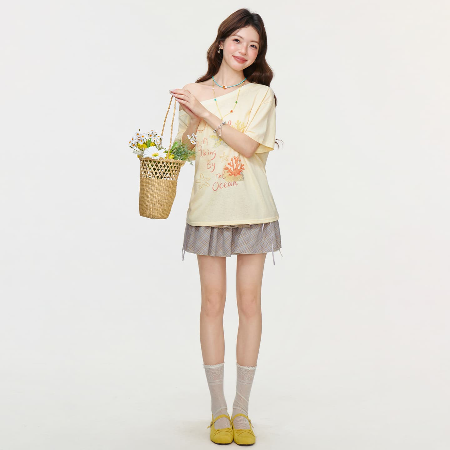 실사 정가 디자인 센스 오프숄더 비스듬한 칼라 프린트 얇은 스타일 반팔 티셔츠 여성 여름 핫걸 바람 루즈핏 맨위 상세 이미지 6