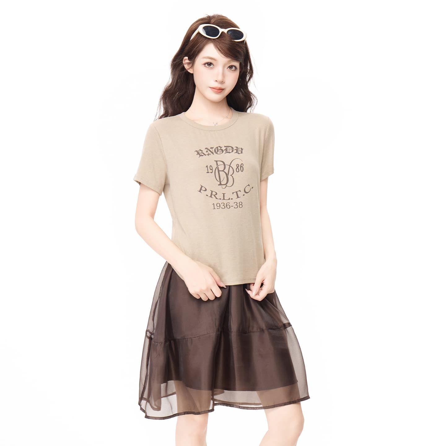 실사 정가 한 부서 라운드 넥 긍정적 인 어깨 알파벳 프린트 반팔 티셔츠 여성 여름 느긋한 바람 루즈핏 풀오버 맨위 상세 이미지 7