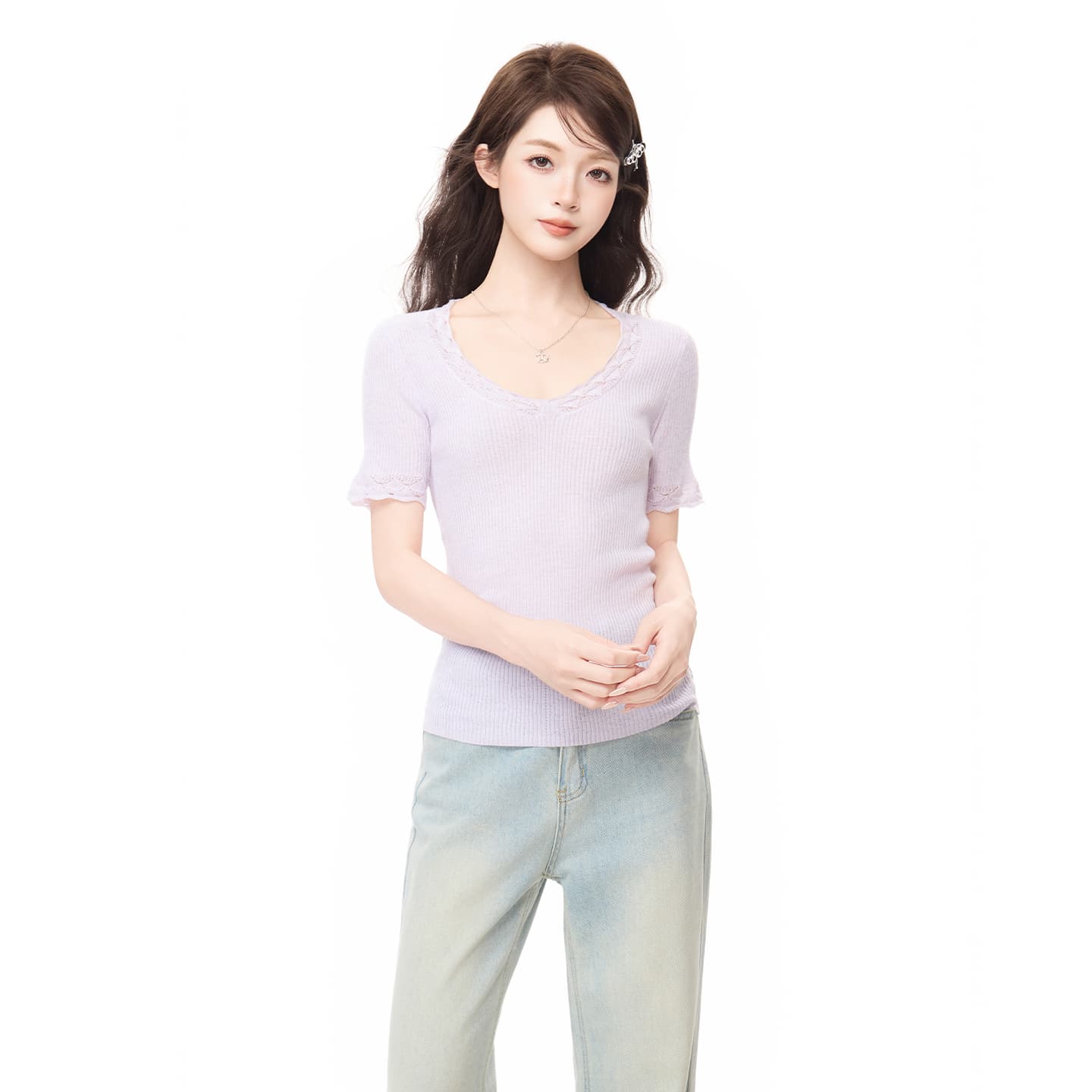실사 정가 프랑스식 V넥 자수 홀로우 아웃 반팔 니트 티셔츠 여성 여름 새로운 몸매 가꾸기 레이스 자카드 맨위 상세 이미지 7