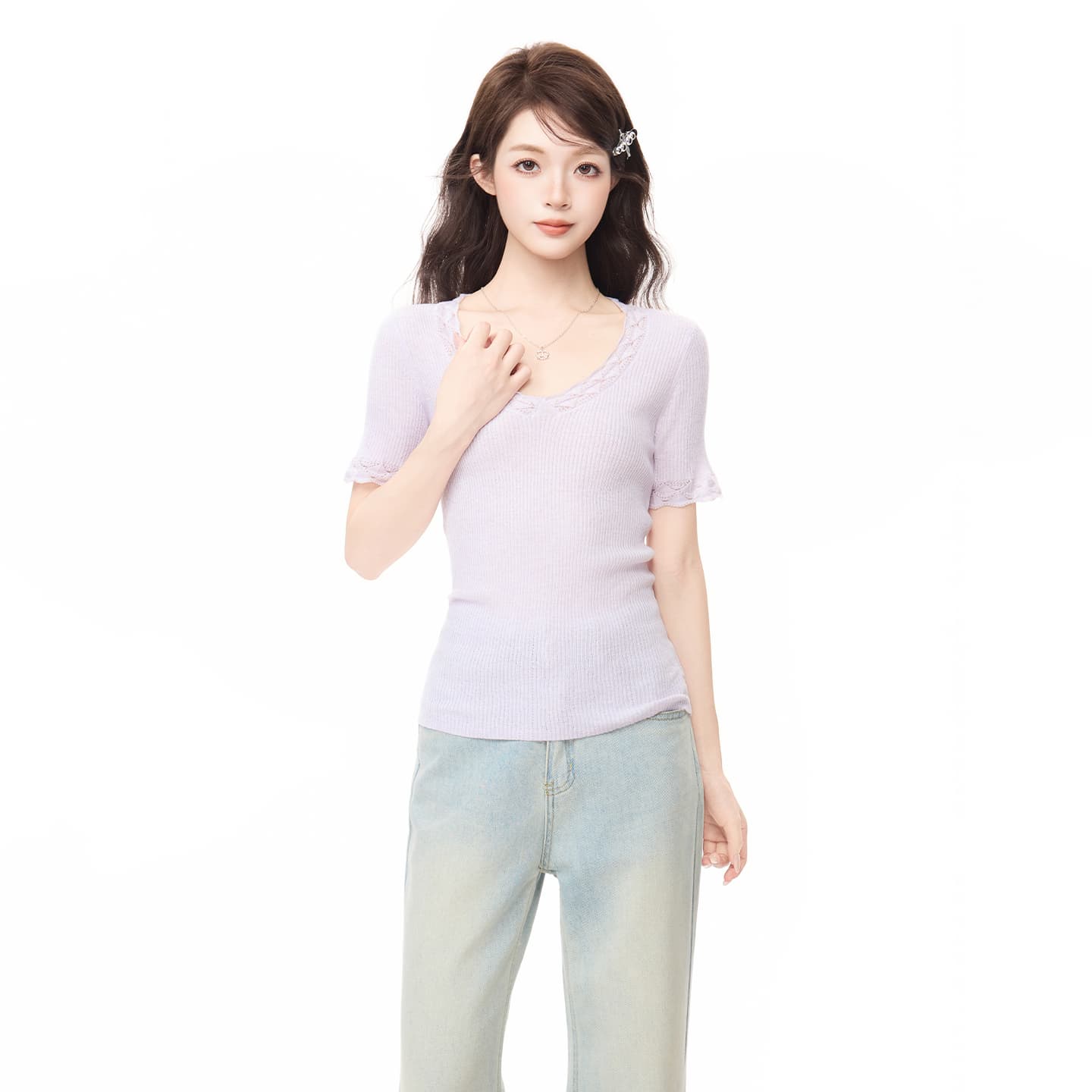 실사 정가 프랑스식 V넥 자수 홀로우 아웃 반팔 니트 티셔츠 여성 여름 새로운 몸매 가꾸기 레이스 자카드 맨위 상세 이미지 8