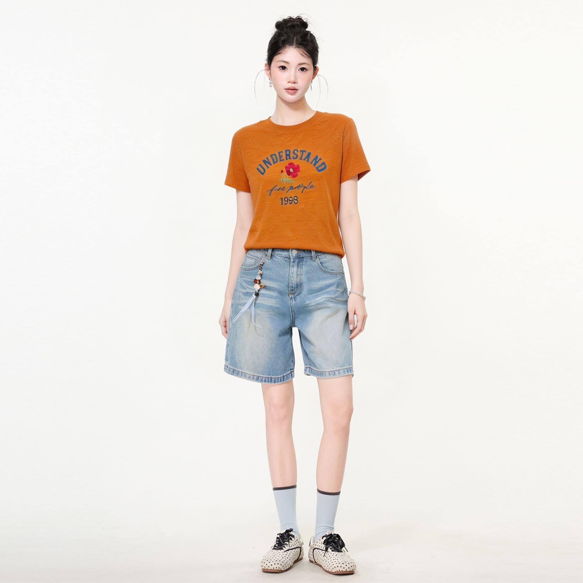 실사 정가 도파민 주황색 알파벳 프린트 긍정적 인 어깨 반팔 티셔츠 여성 여름 루즈핏 슬림해 보이는 라운드 넥 맨위 이미지 4