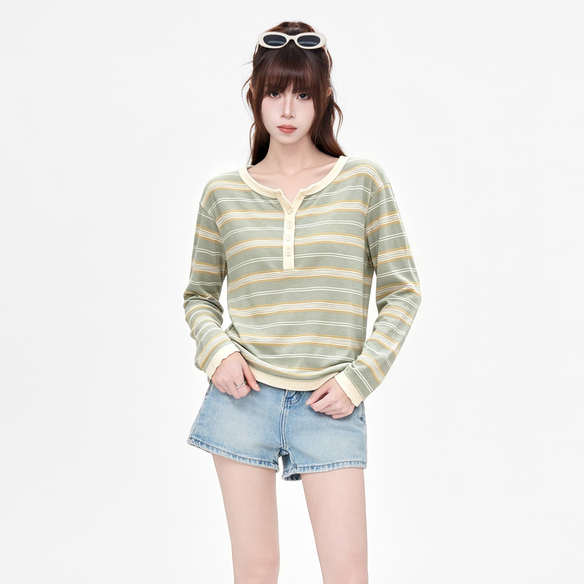 실사 정가 헨리 칼라 배색 스트라이프 패치워크 긴팔 티셔츠 여성 봄 작은 대중 디자인 센스 캐주얼 맨위 트렌디 상세 이미지 6