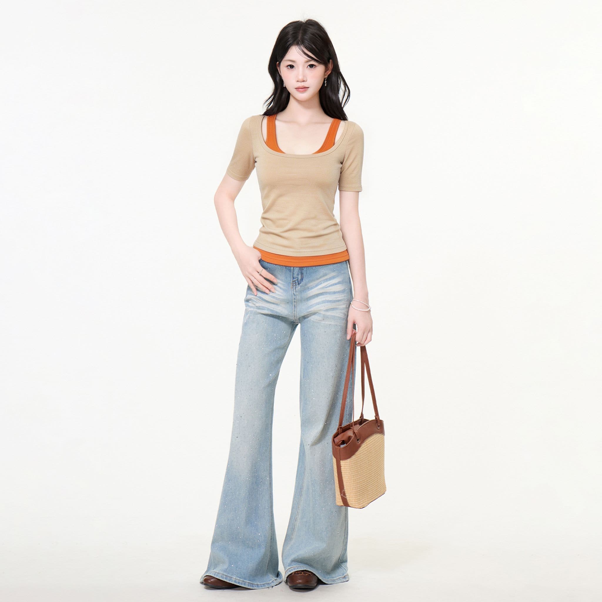 실사 정가 페이크 레이어드 광장 칼라 긍정적 인 어깨 반팔 티셔츠 여성 여름 새로운 몸매 가꾸기 슬림해 보이는 작은 키 맨위 이미지 5