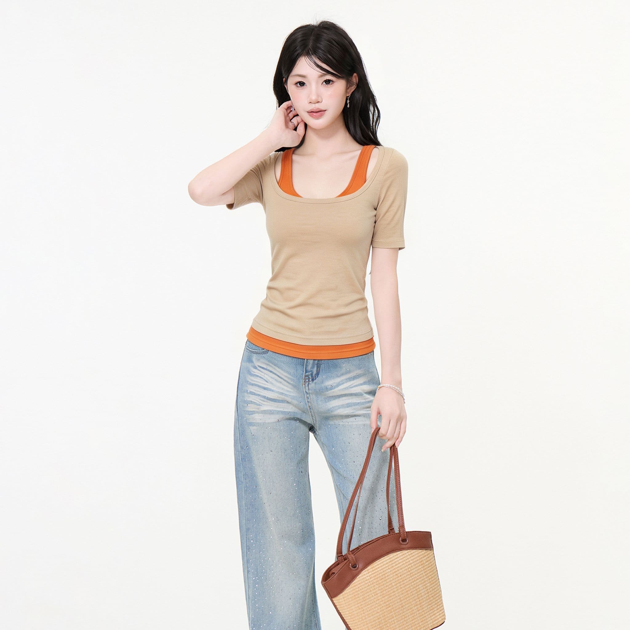 실사 정가 페이크 레이어드 광장 칼라 긍정적 인 어깨 반팔 티셔츠 여성 여름 새로운 몸매 가꾸기 슬림해 보이는 작은 키 맨위 상세 이미지 3