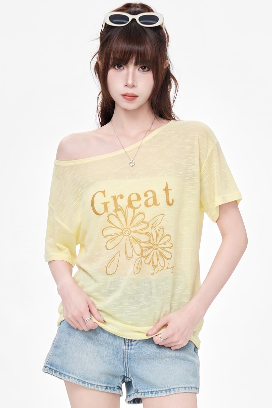 실사 정가 한 부서 도파민 비스듬한 어깨 오프숄더 반팔 티셔츠 여성 여름 얇은 스타일 루즈핏 자외선 차단 블라우스 맨위 이미지 6
